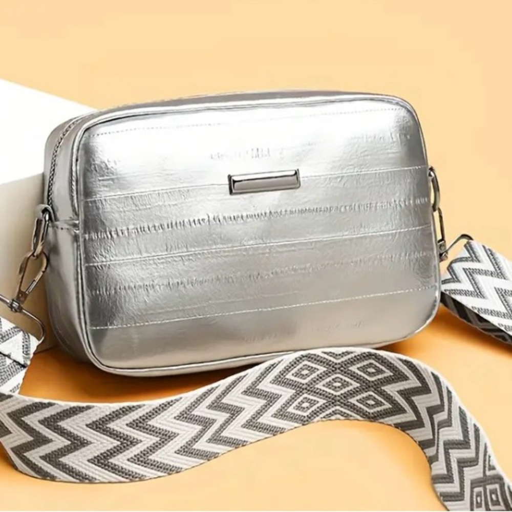 Stunning Silver Vegan Leather Guitar Strap Crossbody Bag NEW